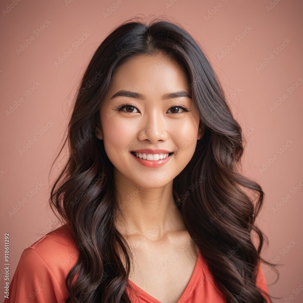Radiant Asian woman with wavy hair in red top against peach backdrop Radiant Asian woman with wavy hair in red top against peach backdrop