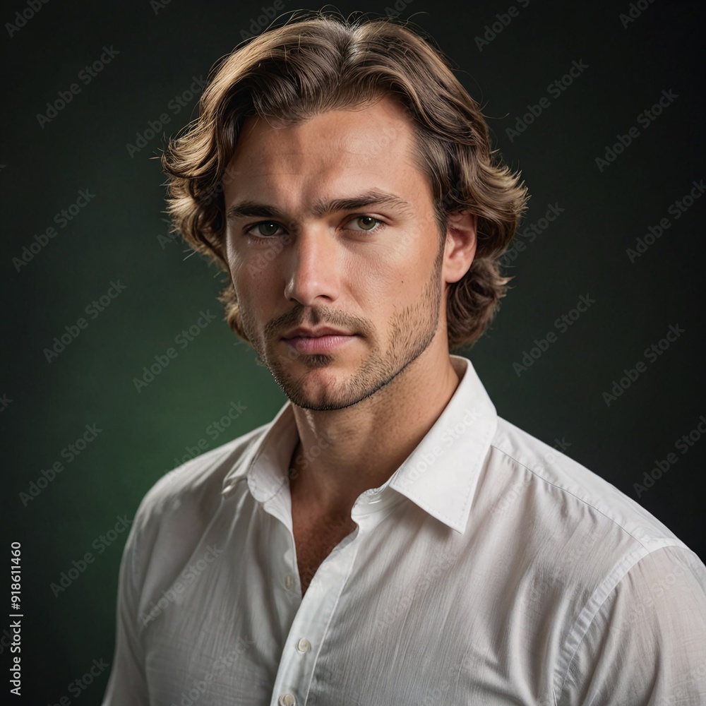 Fototapeta premium Contemplative Caucasian Man with Wavy Hair on Dark Green Background