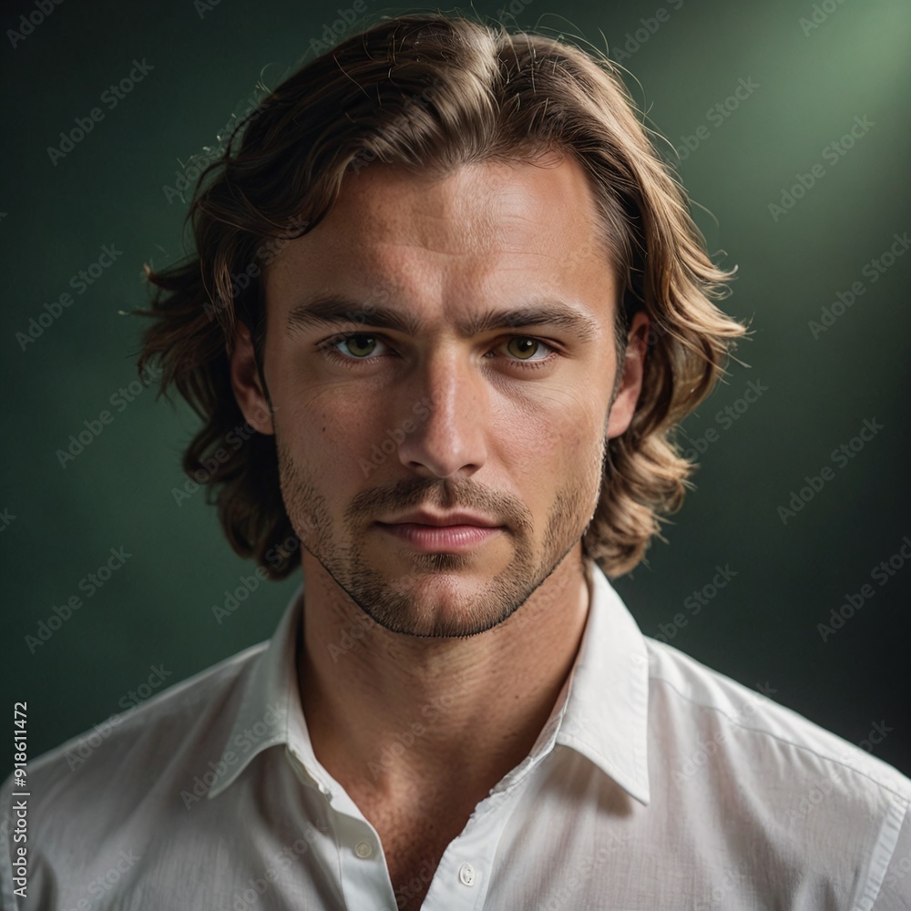 Fototapeta premium Contemplative Caucasian Man with Wavy Hair on Dark Green Background