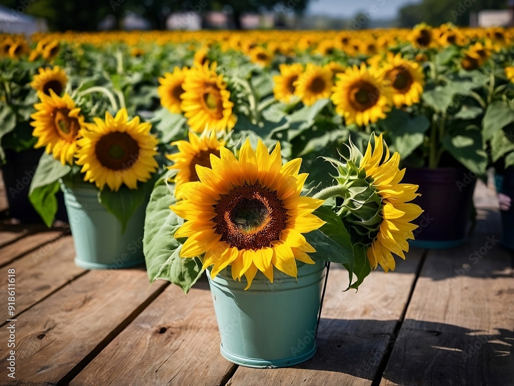 Obraz premium Golden Petals: Sunflowers in Rustic Buckets Farm Fresh Radiant Sunflowers Against a Rustic Backdrop