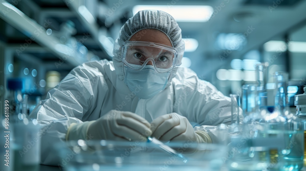 Scientist in a laboratory preparing samples with glassware and equipment during a research session Scientist in a laboratory preparing samples with glassware and equipment during a research session