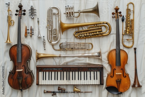 collection of musical instruments and instruments on white surface, Musical instruments orderly arranged on white canvas