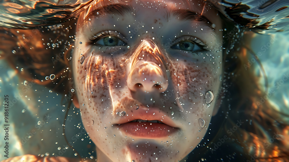 Close-up of Freckled Girl with Glittering Water Reflection Close-up of Freckled Girl with Glittering Water Reflection