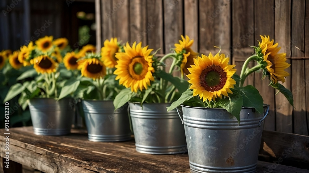 Obraz premium Golden Petals: Sunflowers in Rustic Buckets Farm Fresh Radiant Sunflowers Against a Rustic Backdrop