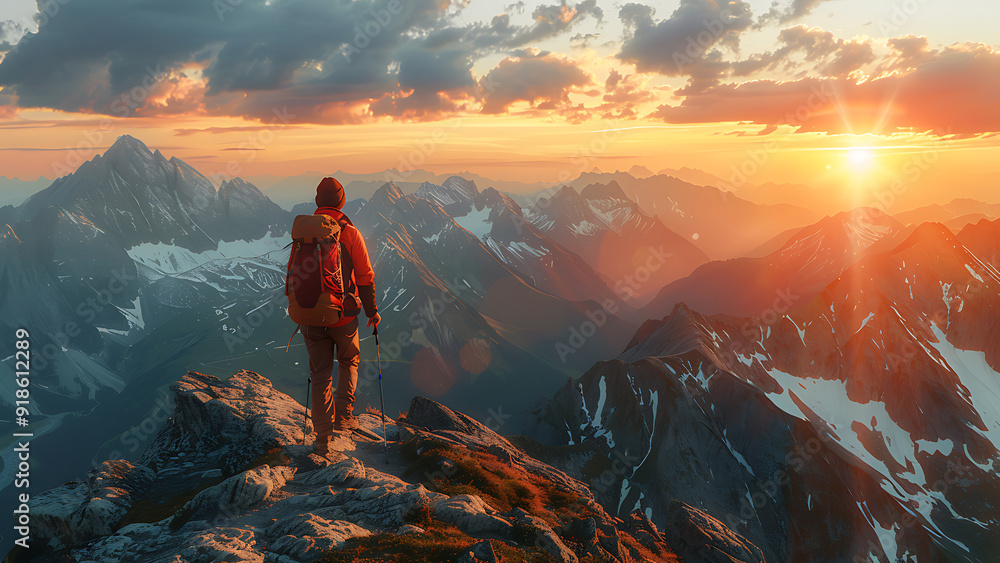 Adventurous Man Hiking at Sunrise on Mountain Peak Adventurous Man Hiking at Sunrise on Mountain Peak
