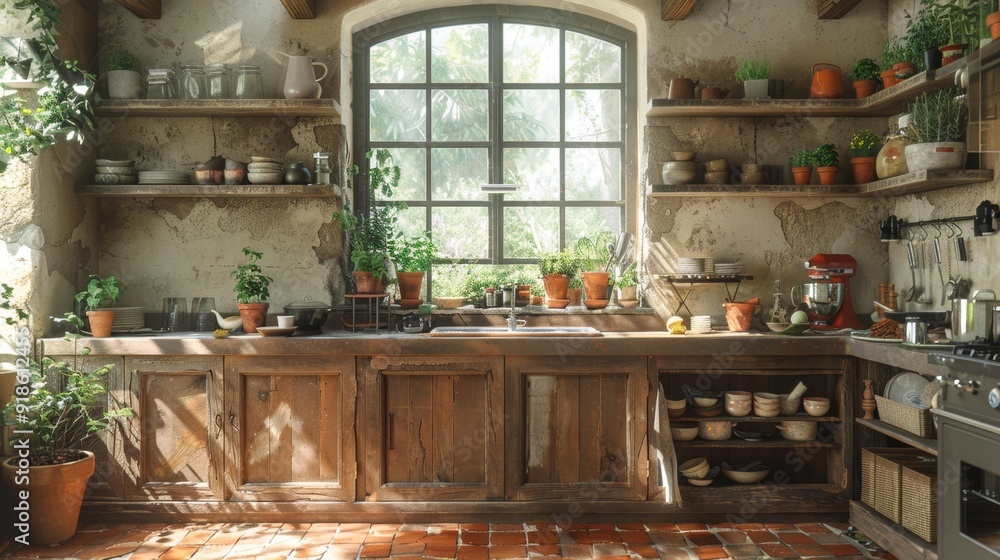 Rustic kitchen with natural light - generative ai