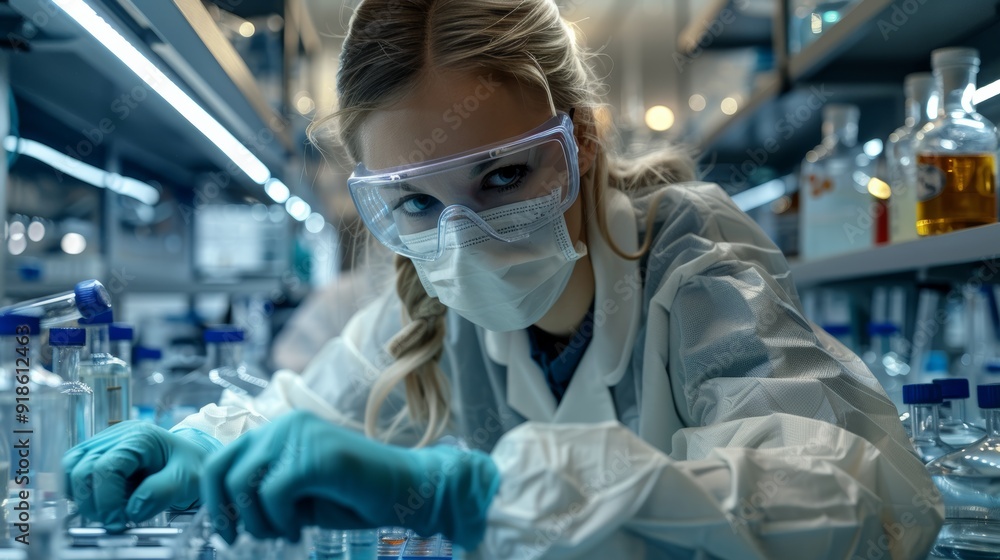 A scientist conducts research in a laboratory surrounded by glassware and chemicals during the day A scientist conducts research in a laboratory surrounded by glassware and chemicals during the day