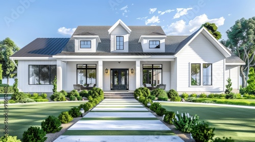 Modern Suburban Dream Home Stylish White House with Gabled Roof Front Porch and Lush Landscaping Ideal for Peaceful Living