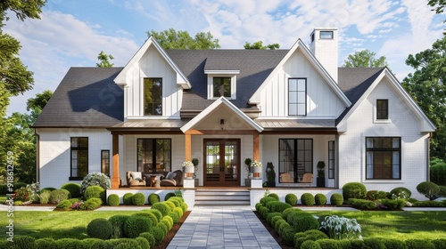 Charming Suburban Dream Home White House with Gabled Roof and Inviting Front Porch Ideal for Family Living in a Lush Green Landscape