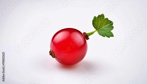 wineberry with Leaf: A single, vibrant red currant sits on a pristine white background, its glossy surface catching the light. A delicate green leaf adds a touch of nature to the composition, creati photo