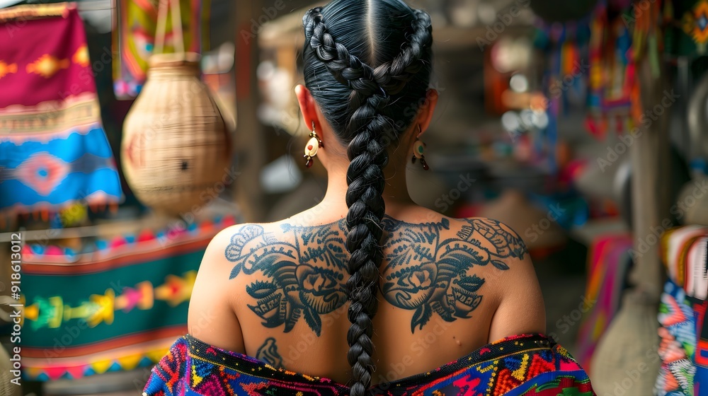 Fototapeta premium Woman with intricate shoulder tattoos in a traditional market