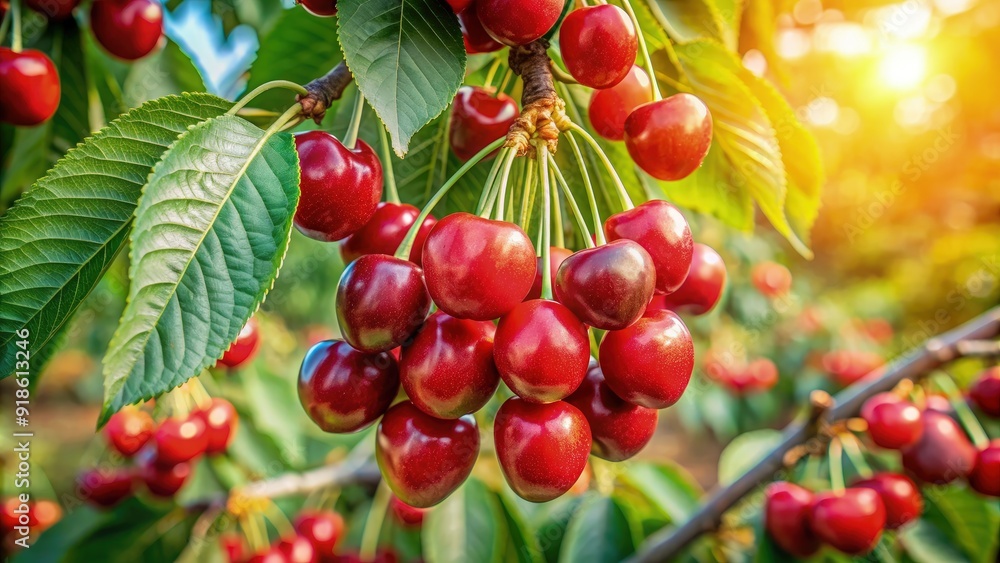 Close-up of fresh cherries hanging from a branch in a fruit orchard during golden hour, showcasing nature's vibrant colors and abundance. Generative AI Close-up of fresh cherries hanging from a branch in a fruit orchard during golden hour, showcasing nature's vibrant colors and abundance. Generative AI