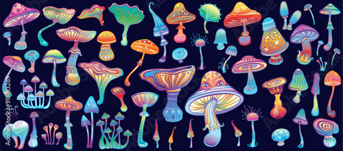 Set of Stylized colorful Magic Mushrooms