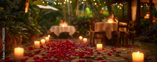 Elegant Valentine's Day Proposal Romantic Candlelit Garden Setting with Rose Petals