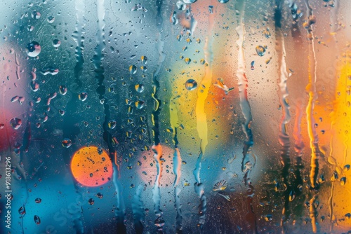 Fototapeta Naklejka Na Ścianę i Meble -  window with rain drops on it and street light in the background, Rain drops racing down window pane on stormy day