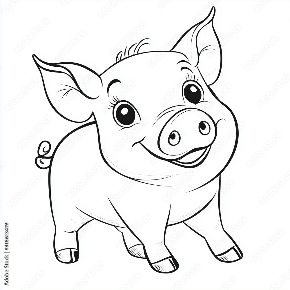 Fototapeta premium Cartoon Pig Coloring Page for Kids on White Background
