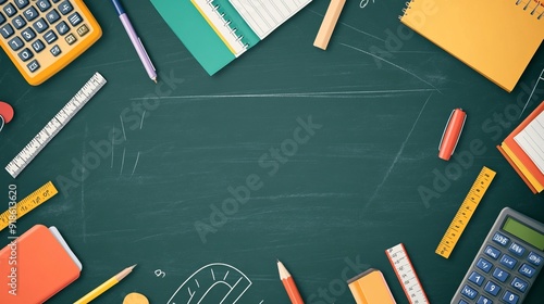 Colorful School Themed Flat Design with Chalkboard Background photo