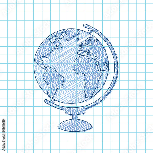pen drawn globe on grid paper background, back to school concept, vector design element, globus