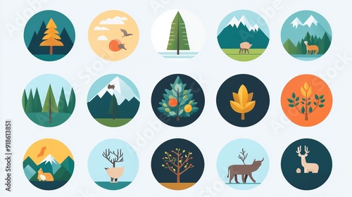 Flat Nature Icons: Trees, Mountains, and More -  Vector Download