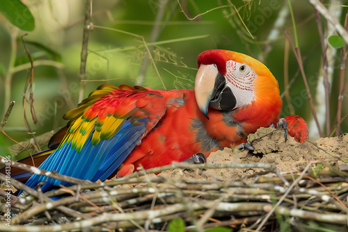 Chestnutfronted Macaw Ara severus displaying its colorful plumage in the Amazon rainforest also called Araradefrontecastanha