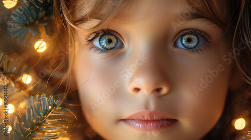 Closeup of a child's face reflecting the lights of a Christmas tree captured using a fast lens to capture the glow and wonder