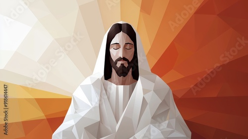 Revamp Jesus image with flat design, using geometric shapes and a minimalist color palette for a fresh look, Created with Generative AI. photo