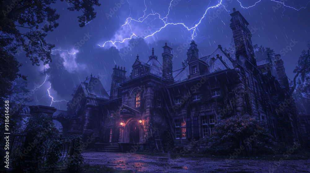 Eerie, dimly lit mansion with lightning illuminating a stormy night sky, evoking a sense of mystery and horror. Eerie, dimly lit mansion with lightning illuminating a stormy night sky, evoking a sense of mystery and horror.