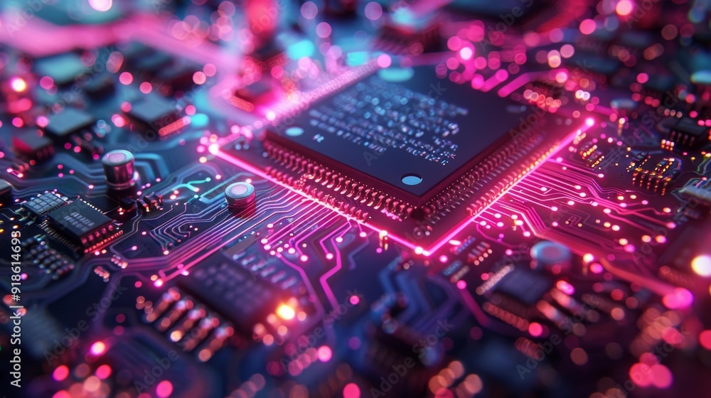 Obraz premium Microchip circuit board in vibrant neon lights - generative ai