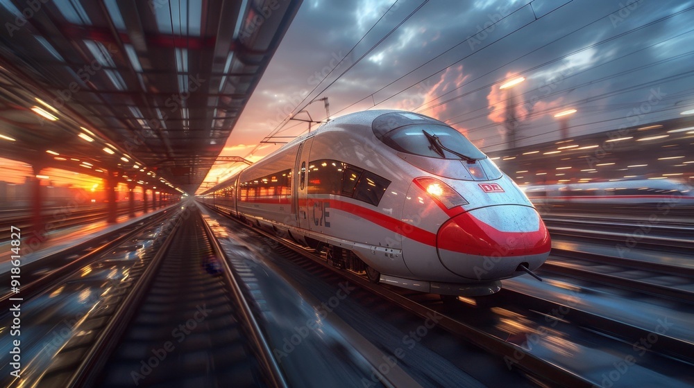 High-speed train at sunset - generative ai High-speed train at sunset - generative ai