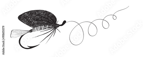 Fly fishing hook. Vintage lure tied with feathers by ink.