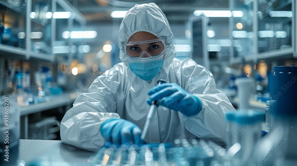 Scientist in protective gear working with test tubes in a laboratory during daylight hours Scientist in protective gear working with test tubes in a laboratory during daylight hours
