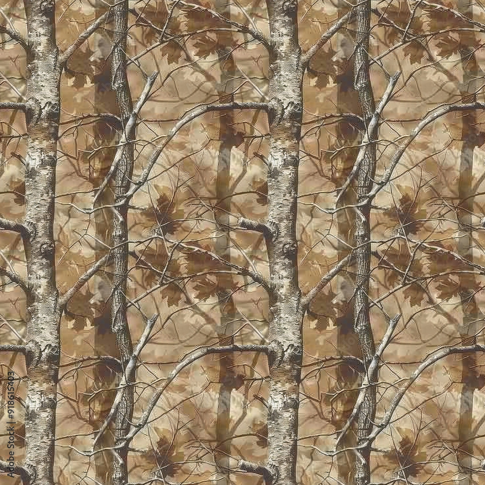 Fototapeta premium Camo Style Design Featuring Trees in Light Browns and Grays with Subtle Textures. Seamless Repeatable Background