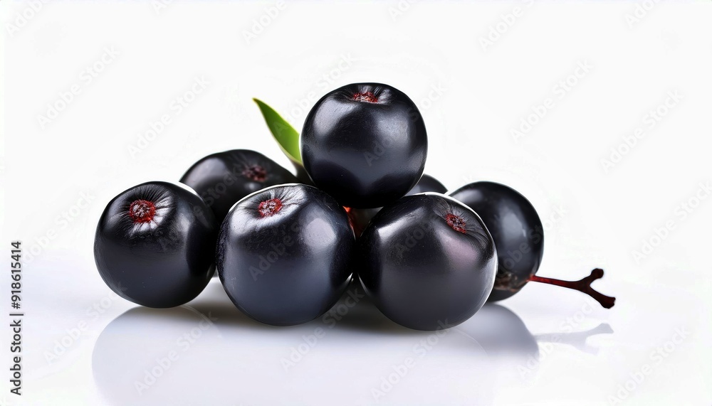 Choke Berries: A Glossy Cluster on White - Freshly picked Aronia berries, also known as chokeberries, glisten on a white reflective surface, their deep purple hues and delicate stems. Choke Berries: A Glossy Cluster on White - Freshly picked Aronia berries, also known as chokeberries, glisten on a white reflective surface, their deep purple hues and delicate stems.