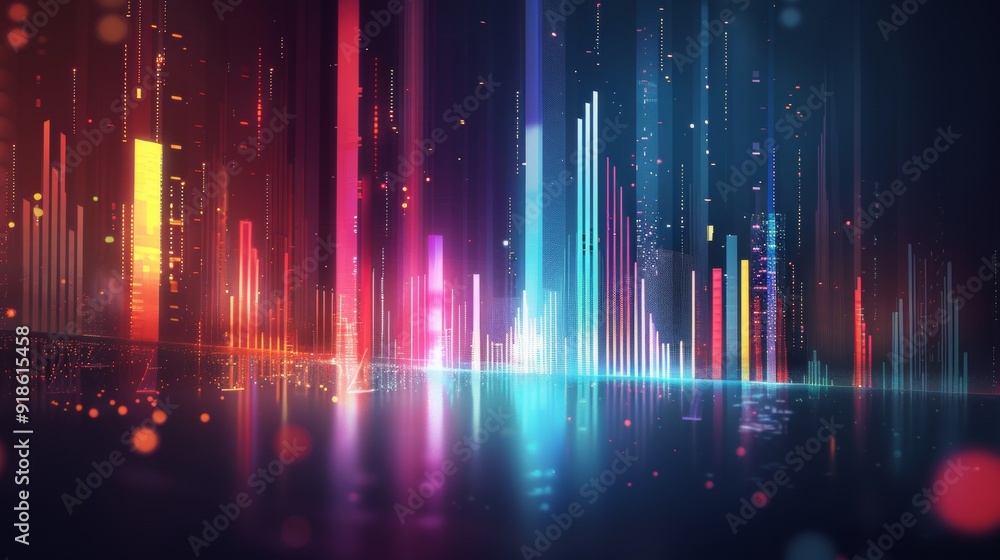 Luminous Digital Chart Vibrant Bars and Lines Illuminated in Contrasting Colors on Dark Background with Geometric Shapes and Floating Particles Abstract Technology Concept Luminous Digital Chart Vibrant Bars and Lines Illuminated in Contrasting Colors on Dark Background with Geometric Shapes and Floating Particles Abstract Technology Concept