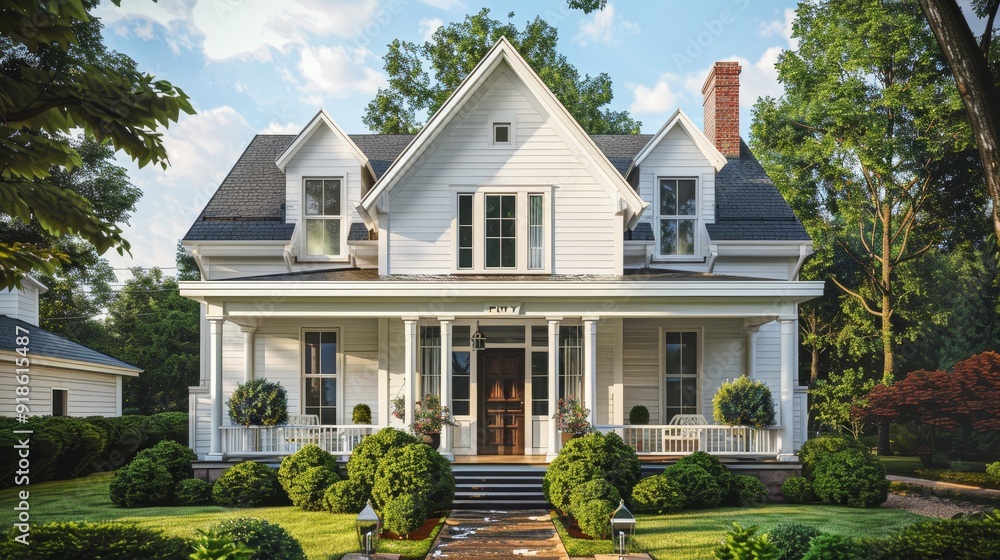 Modern Elegance Luxury White House with Gable Roof and Inviting Front Porch Ideal Home Design Concept with Lush Green Landscaping Stock Image for Real Estate Architecture and Home Decor Themes Modern Elegance Luxury White House with Gable Roof and Inviting Front Porch Ideal Home Design Concept with Lush Green Landscaping Stock Image for Real Estate Architecture and Home Decor Themes