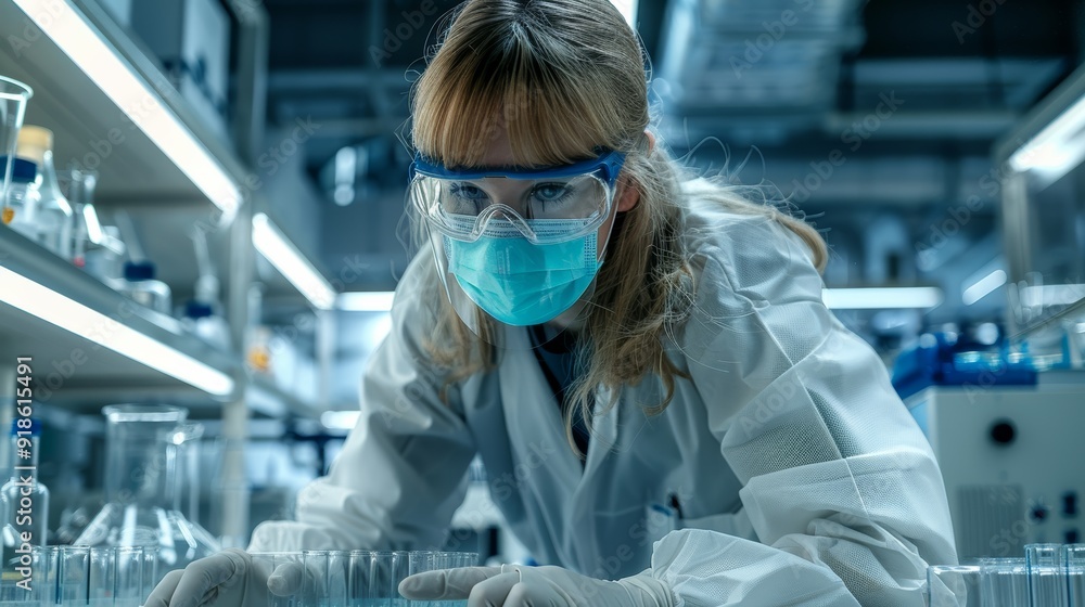 A scientist conducts experiments in a laboratory wearing protective gear and working with glassware at a research facility A scientist conducts experiments in a laboratory wearing protective gear and working with glassware at a research facility