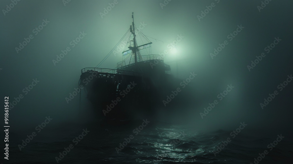 An eerie, abandoned ship looms out of thick fog on dark, choppy waters, creating a haunting, mysterious scene. An eerie, abandoned ship looms out of thick fog on dark, choppy waters, creating a haunting, mysterious scene.