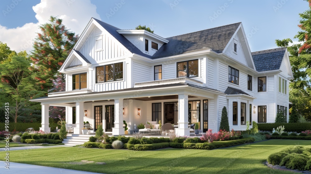 Modern Suburban Dream Home White TwoStory House with Gable Roof Front Porch and Lush Garden Architectural Render Modern Suburban Dream Home White TwoStory House with Gable Roof Front Porch and Lush Garden Architectural Render