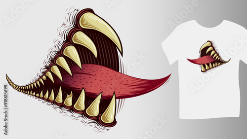 Open mouth with fangs and tongue. Monster toothy smile. Vector illustration for provocative design or print