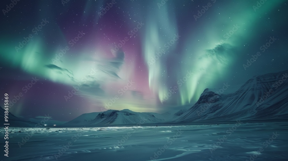 Naklejka premium Enchanting Aurora Borealis Vibrant Colors Dance in Snowy Night Sky Magical Northern Lights Photography