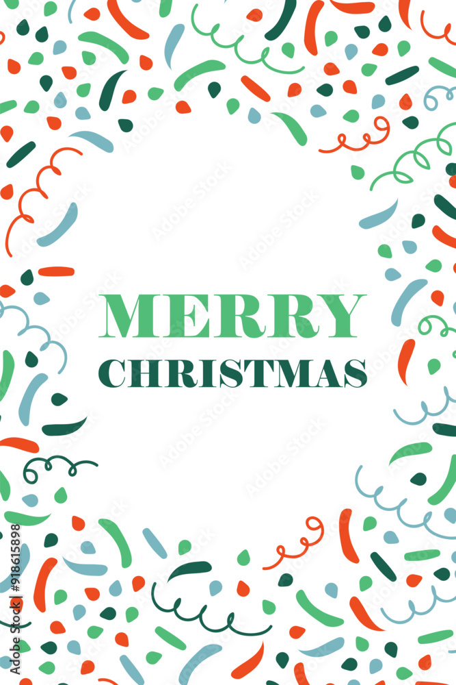 Merry Christmas card Confetti. Curl, swirl, Cracker. Place for text Congratulations, greetings on holiday. Explosion of serpentine ribbons. Festive surprise. Vertical banner. Vector flat illustration Merry Christmas card Confetti. Curl, swirl, Cracker. Place for text Congratulations, greetings on holiday. Explosion of serpentine ribbons. Festive surprise. Vertical banner. Vector flat illustration