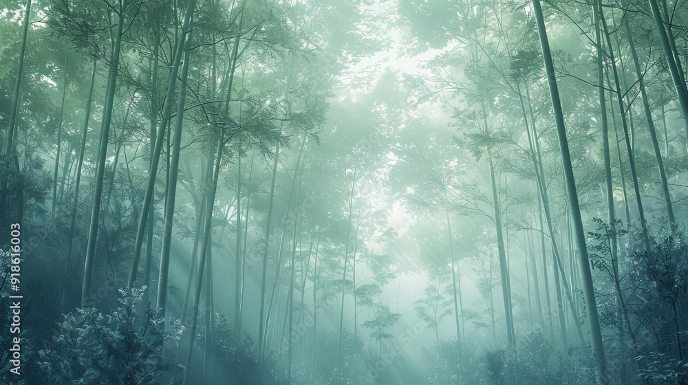Fototapeta premium Mystical Bamboo Forest Tranquil Morning Mist and Enchanting Serenity