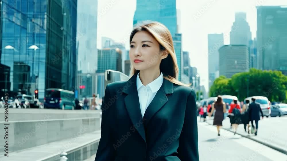 A professional woman walking confidently in a business district on a sunny day