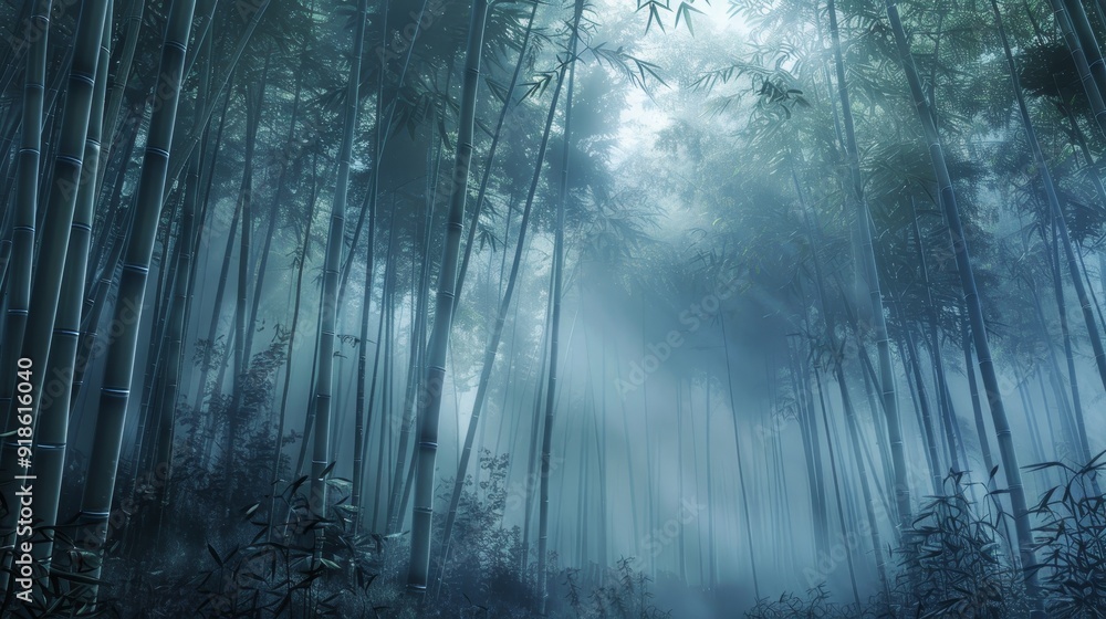 Naklejka premium Mystical Bamboo Forest Tranquil Morning Mist and Enchanting Serenity