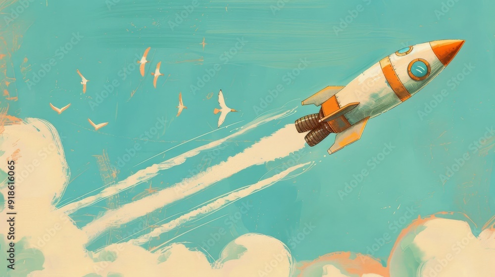 Obraz premium Vibrant Rocket Launch Bold Stripes Soar in Pastel Sky with Birds Flying Concept of Innovation Adventure and Exploration