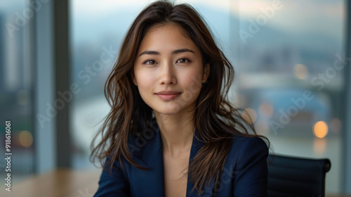 Confident Asian Businesswoman in Navy Blazer Smiling at Office Window Free Download Confident Asian Businesswoman in Navy Blazer Smiling at Office Window - GFXLoad