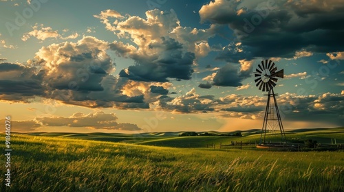 Timeless Beauty Majestic Windmill in Rolling Green Fields Under Dramatic Sky Rural Charm and Iconic Symbol of the Countryside Stock Image