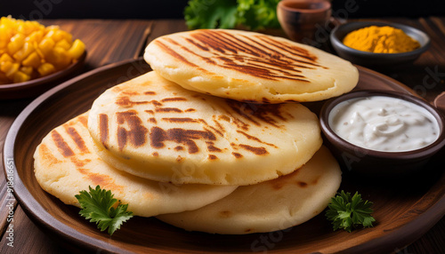 AREPA TRADICIONAL: PÃO ACHATADO  DE FARINHA DE MILHO SUL-AMERICANDO, ÍCONE CULINÁRIO DA VENEZUELA E DA COLÔMBIA photo