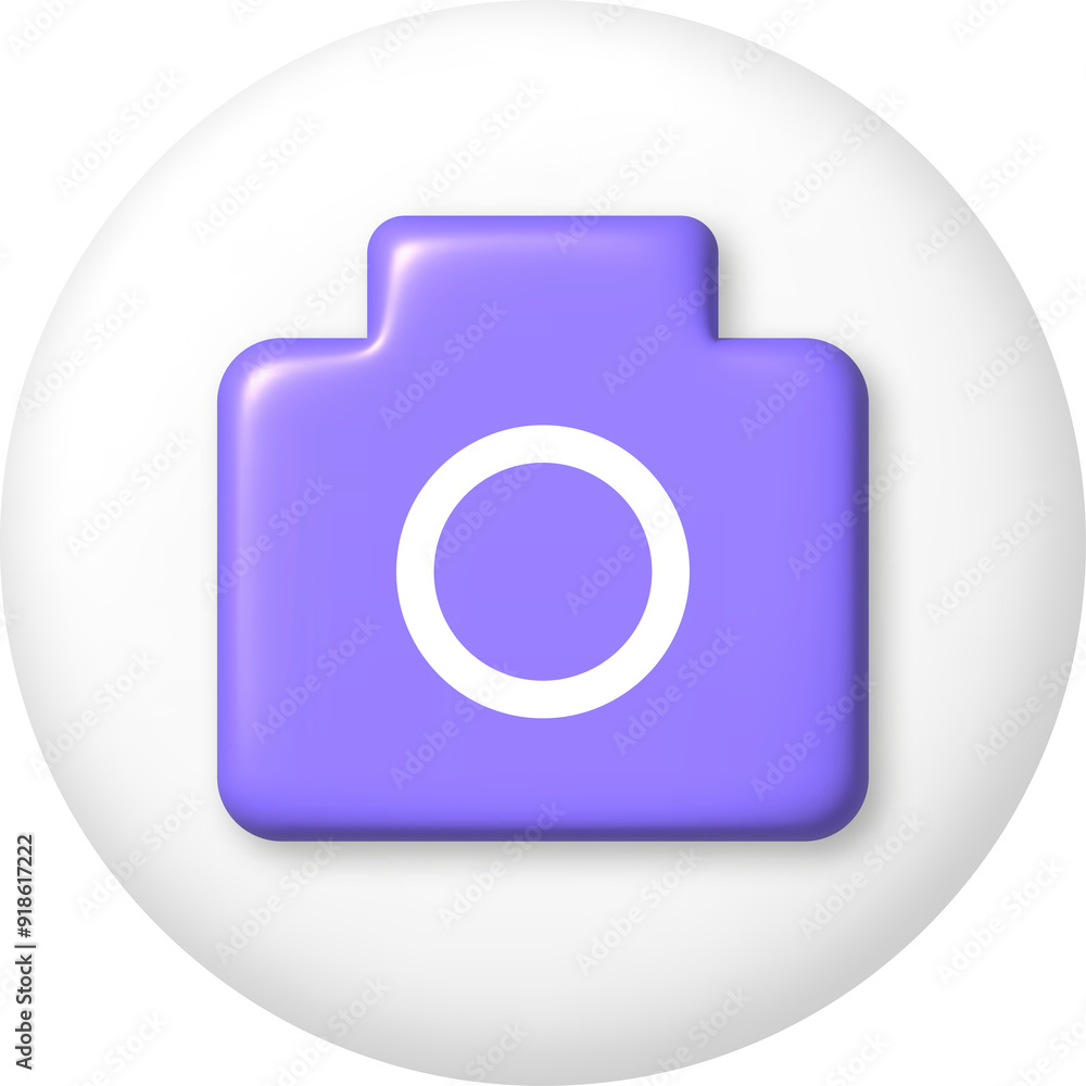 3d icon. Purple camera on white button. PNG illustration. 3d icon. Purple camera on white button. PNG illustration.