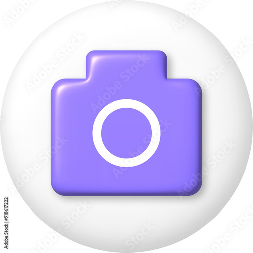 3d icon. Purple camera on white button. PNG illustration.